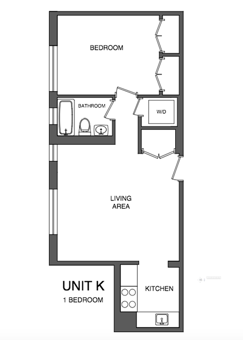 Floor plan for 1 bed, 1 bath, 600 sqft